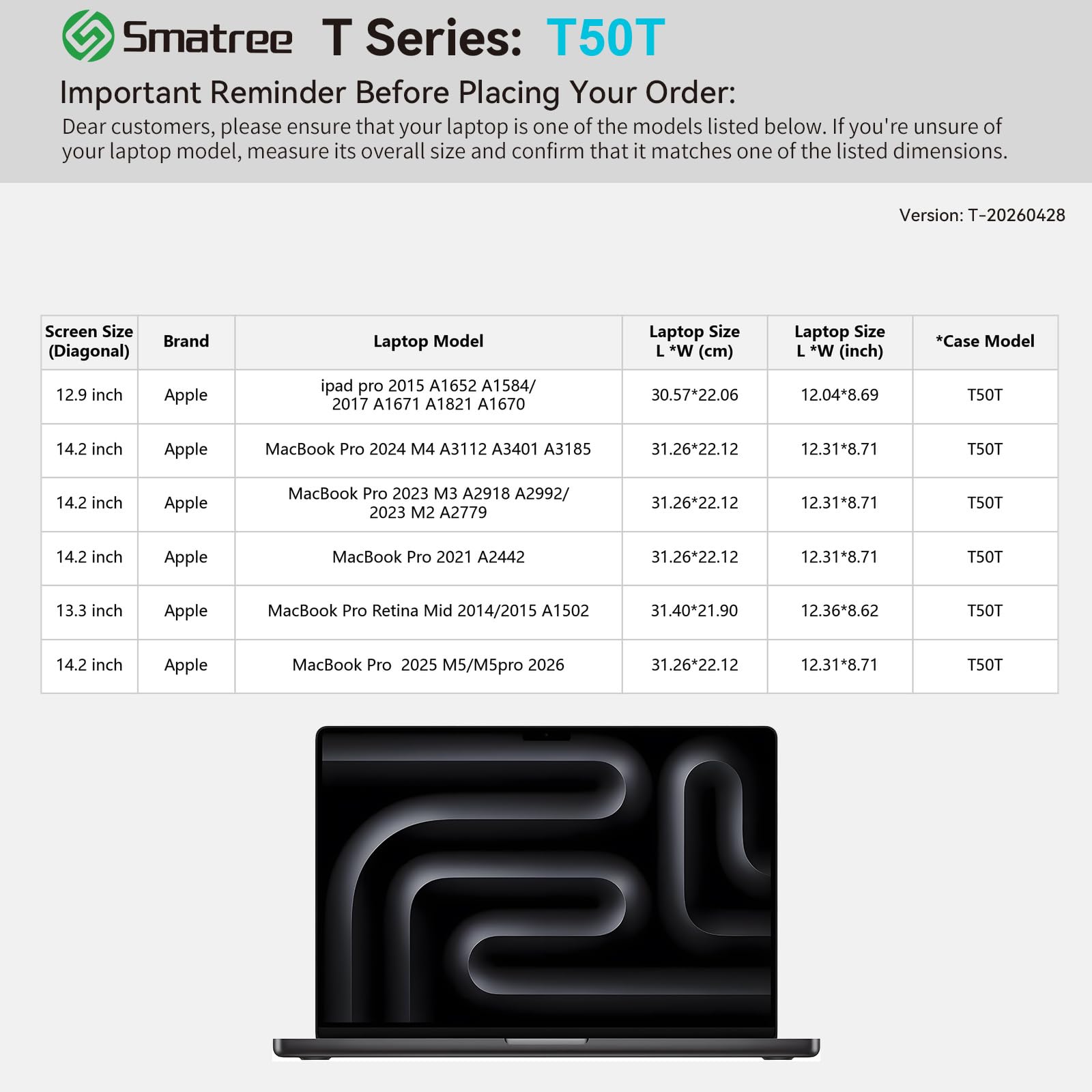 Smatree T50T - Custodia protettiva rigida per laptop da 14", compatibile con Apple MacBook Pro 2019 A2141, Apple MacBook Pro Retina Mid 2014/2015 A1398, Apple MacBook Pro 2024 M4 A3403 A3186