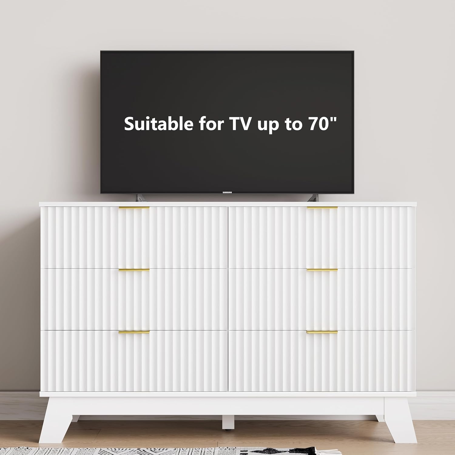 6 Drawer Dresser for Bedroom, Fluted White Dresser Chest of Drawers with Gold Handle, Mid Century Modern Dressers for Closet, Bedroom Chest Storage Organizer for Living Room, Hallway