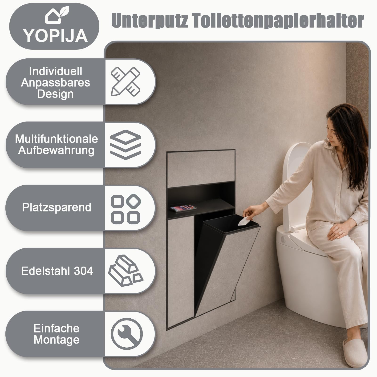 Befliesbar Unterputz Toilettenpapierhalter mit Mülleimer ＆ Bürste, Schwarz Edelstahl Unterputz WC Modul 4 in 1, Platz Sparen Bad Schrankmodul Badschrank mit Push to Open Türöffner
