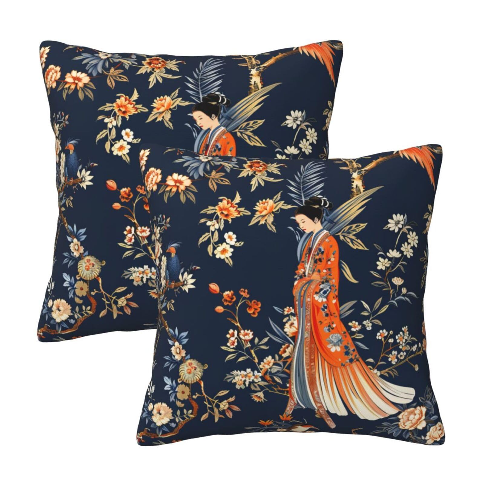 HOSTECCO Chinoiserie Floral Cushion Covers 45x45 cm Set of 2 Chinese Girl Cushion Cases Flowers Decorative Pillow Covers for Sofa Couch