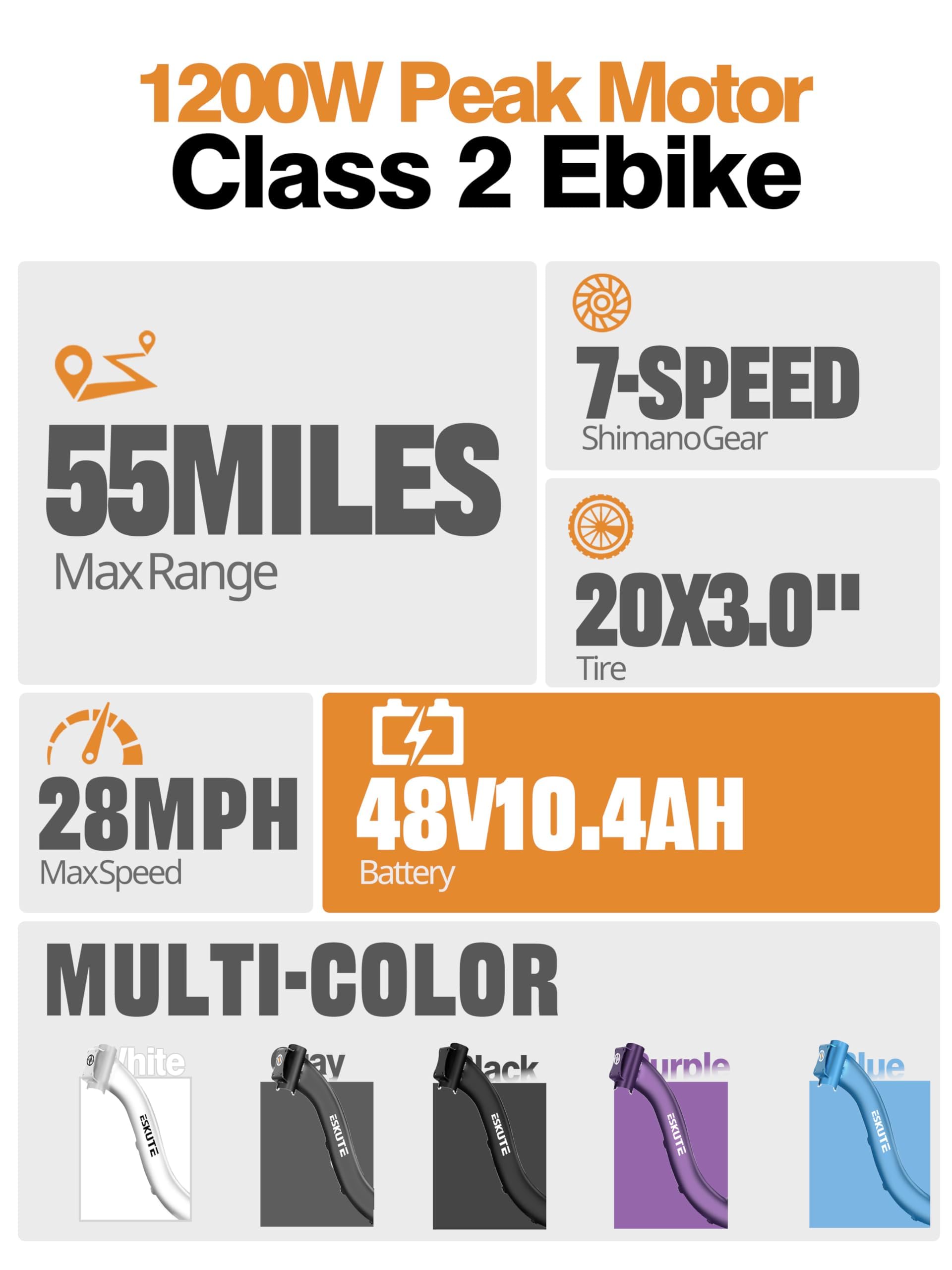 ESKUTE Electric Bike for Adults – 1200W Peak Motor, Folding 20x3 Fat Tire E‑Bike, 48V 10.4Ah Battery, Step‑Through Cargo Fold Ebike, NFC Unlock, 28 MPH, 7‑Speed, Up to 55 Miles Black