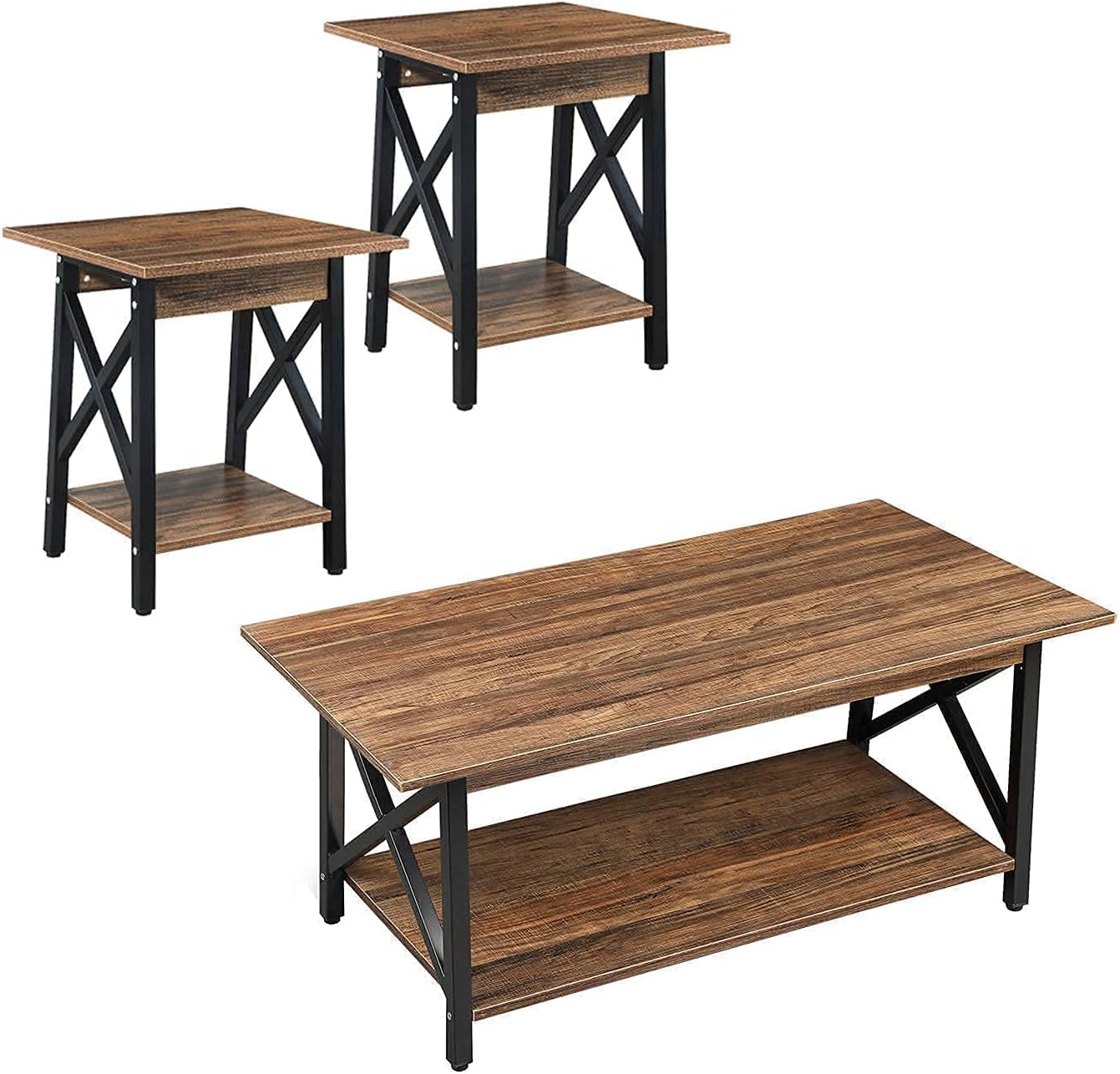 GreenForest Coffee Table and End Tables Set of 2 Industrial Metal Legs with Storage Shelf for Living Room, Easy Assembly, Rustic Walnut : Home & Kitchen