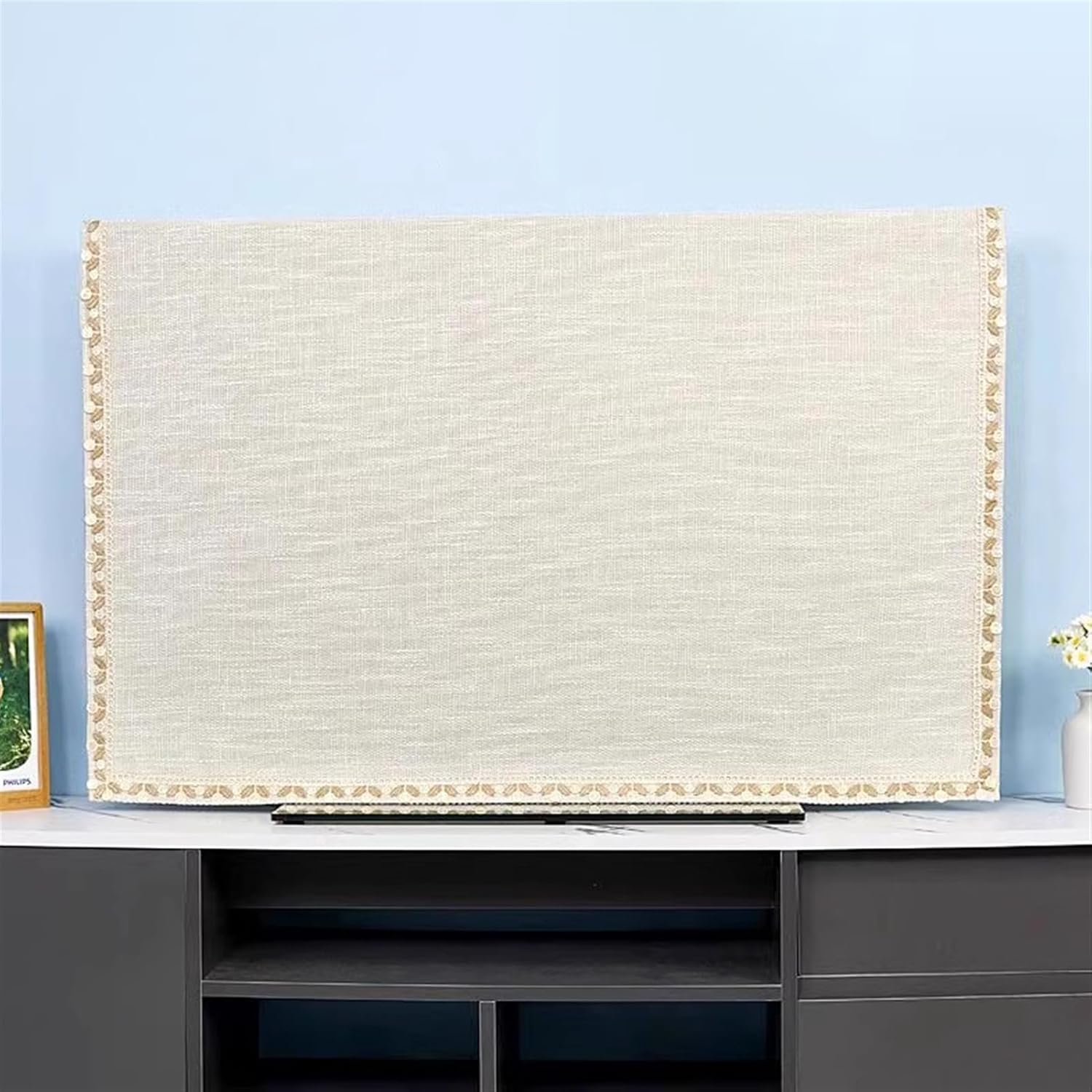 Indoor TV Cover Linen Fabric TV Display Protector for LCD LED Dustproof Easy-Fit Screen Slipcover for Desktop, Hanging and Curved Televation, Beige, 27.2"x45.2"