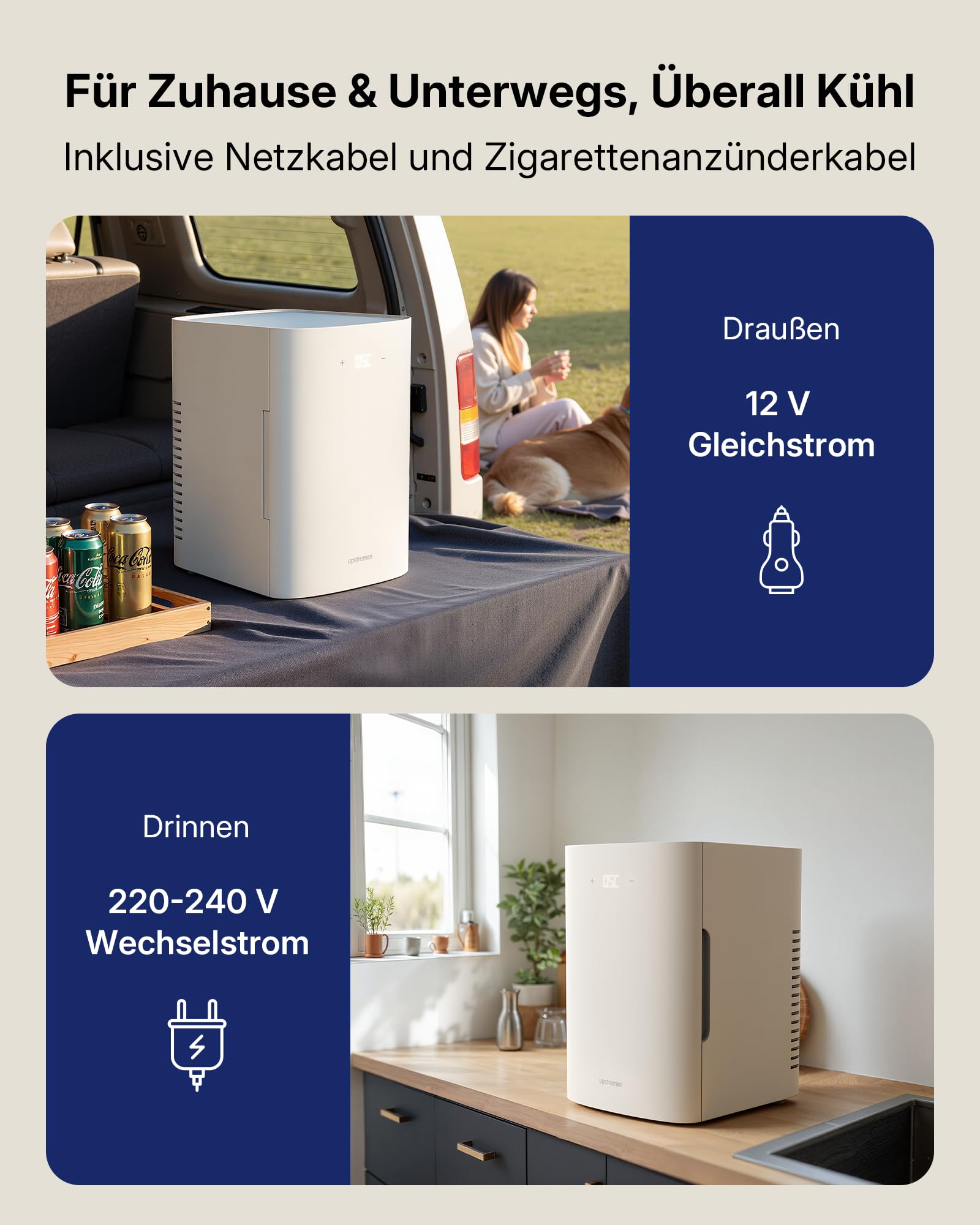 Upstreman 2 in 1 13L Mini Kühlschrank, 12V/220V, TR13-Weiß | Kühlen und Wärmen, Tragbar & Lautlos, AC/DC für Auto, Büro, Zimmer, Schlafsaal, Camping