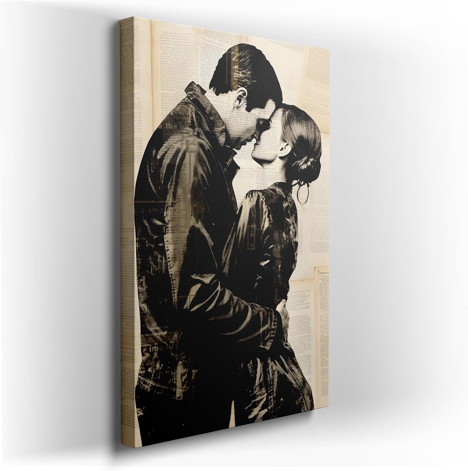 Canvas for Living room. Whispers of Love Captured in Noir: An Intimate Embrace Among Literary Echoes, 27 x 18 inch Canvas Wall Art - Contemporary Masterpieces - Modern Home Decor