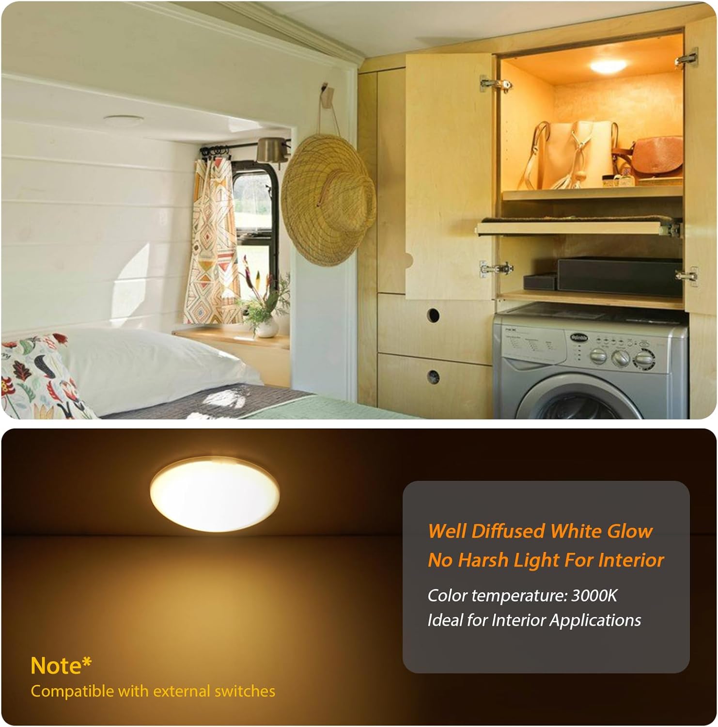 Dream lighting 12volt LED Dome Light for RV Trailer Boat Interior Cabin Kitchen Overhead Downlights-4.5inch Ceiling light Fixture, 5.4W 350 Lumens 3000K Warm White Lighting, No Switch, Pack of 10