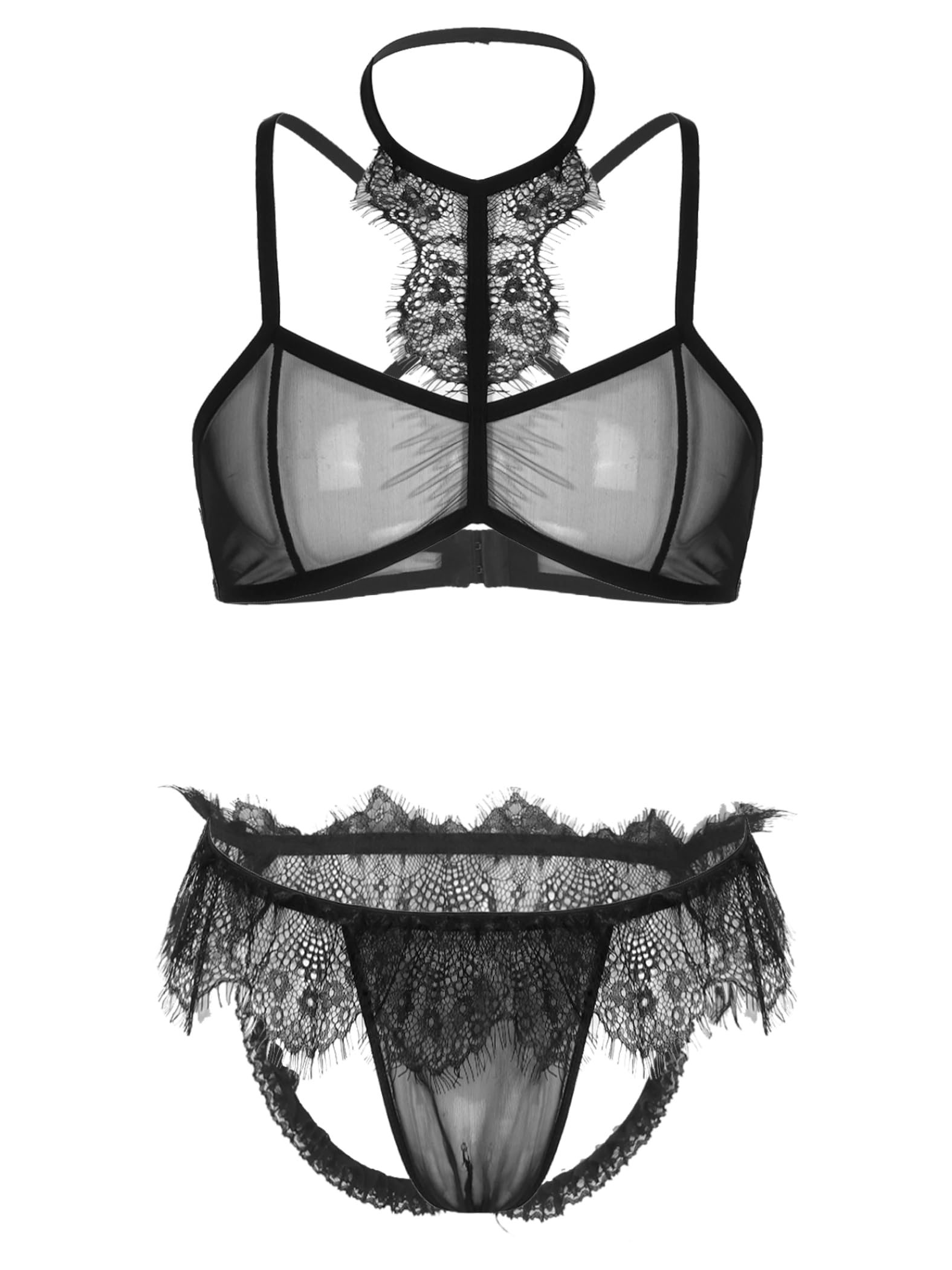 Ensembles Sissy Lingerie Hommes Soutien Gorge Transparen String Jockstrap Dentelle sous Vêtements Nightwear Noir XXL