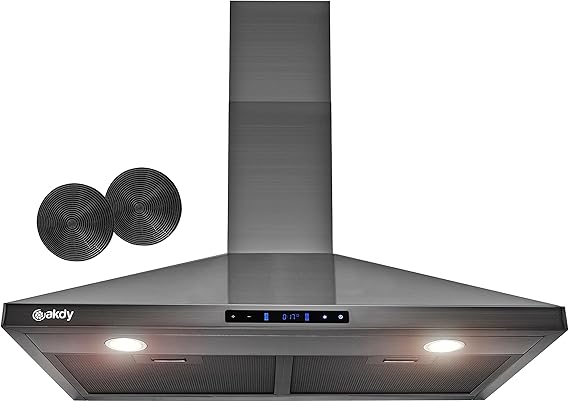 AKDY 30 in. 343 CFM Convertible Wall Mount Range Hood Touch Controls,LED Lights,Carbon Filters in Black Stainless Steel