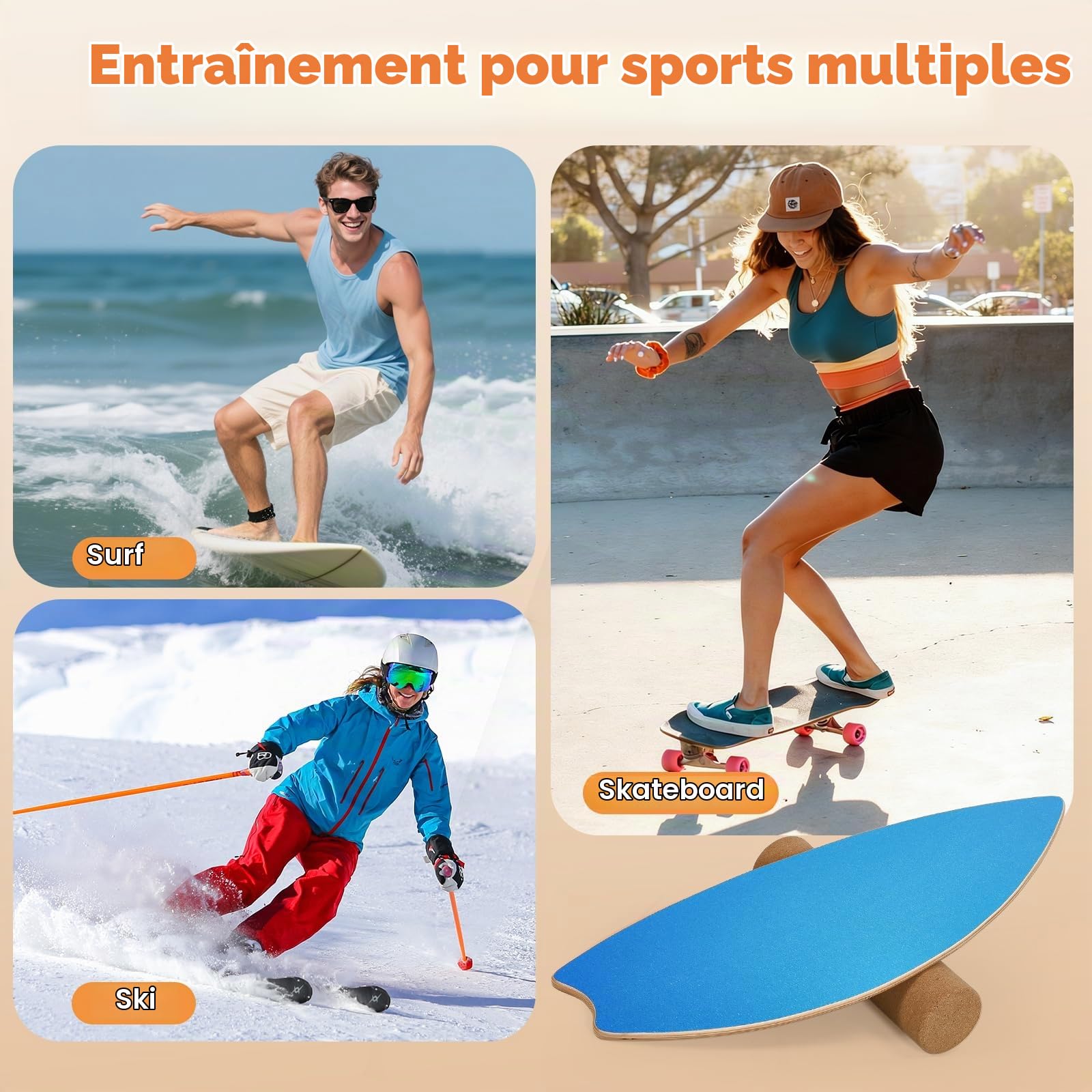 Planche d'Équilibre pour Adultes, Balance Board avec Rouleau et Balle en Liège, Antidérapant pour Gainage, pour Surf, Ski, Yoga, Capacité 200kg - à Usage Intérieur, Bleu