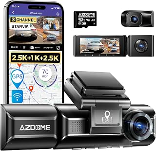 AZDOME Triple Car Camera 2.5K + 1080P+2.5K GPS, WiFi, Parking Monitoring, Night Vision, G-Sensor, WDR, Motion Detection, G-Sensor, Loop Recording, SD Card (M550)
