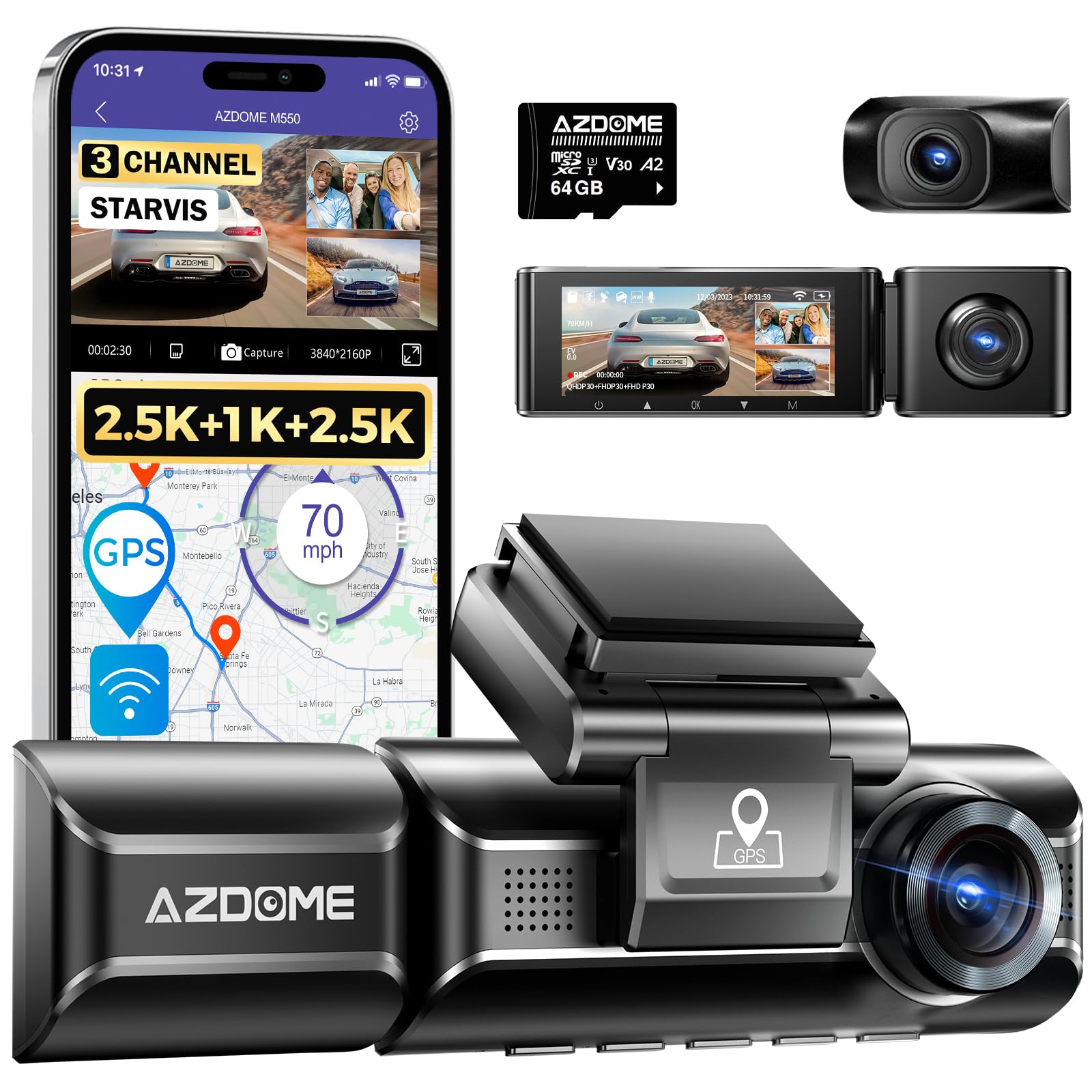 AZDOME Dashcam Camara Coche 2.5K+1080P+2.5K con WiFi GPS Dashcam Grabadora Ultra HD Dash CAM de Gran Ángulo con G-Sensor, Modo de Estacionamiento, Detección de Movimiento, Tarjeta SD(M550)
