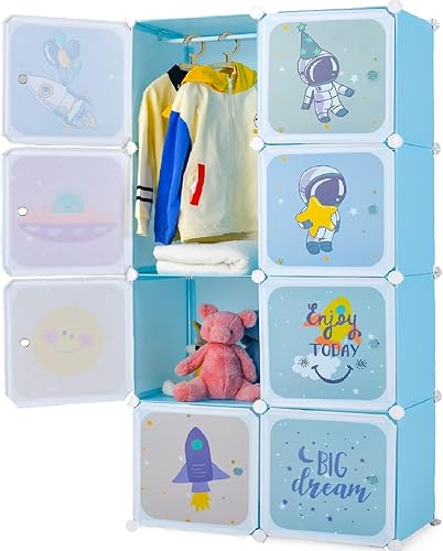 Miniatura 10 de INFANS Armario para niños, armario portátil para bebé, lindo para dormitorio de niños, armario de guardería con puertas, 12 cubos, 2 secciones para