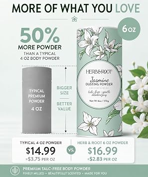 Herb & Root Talc Free Body Dusting Powders. Rose, Vanila, Sandalwood, Lavender, Jasmine, and Gift Sets (Full Size, Jasmine)