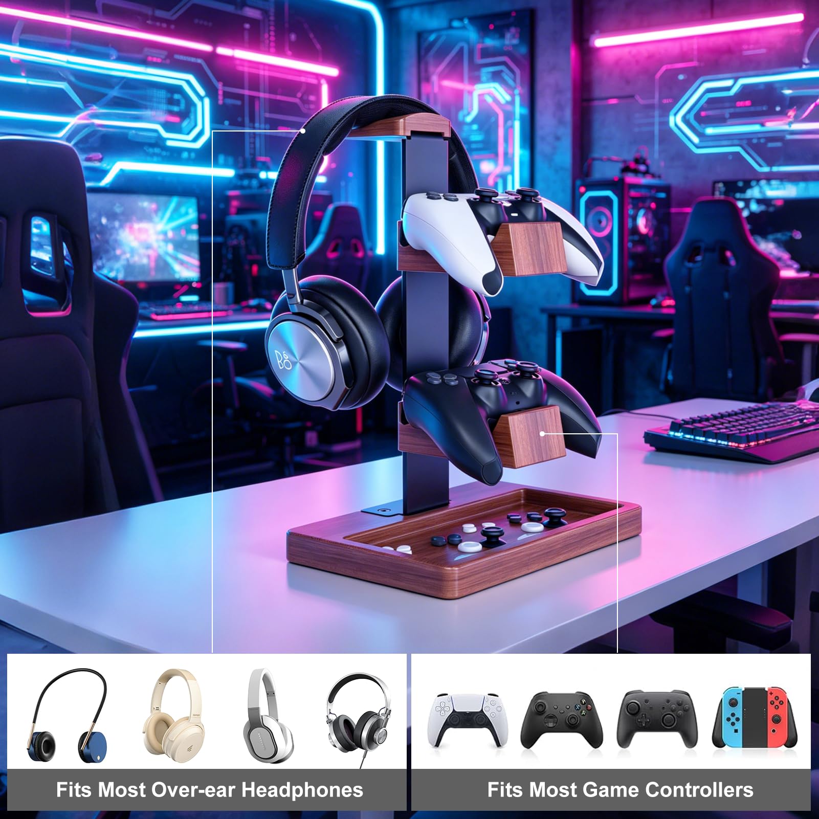 Support en Bois pour Manette et Casque, Porte-Casque en Bois, Rangement de Bureau, Accessoires de Bureau universels compatibles avec PS5, PS4, Xbox One et Nintendo Switch