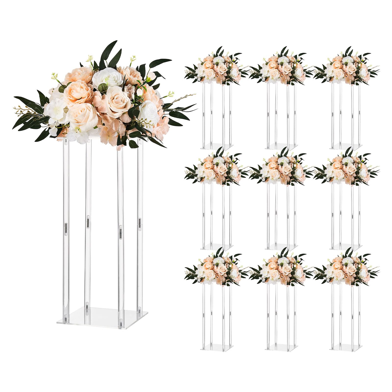 VEVOR Support Fleur Mariage Colonne Lot de 10 Support Fleur Centre de Table Mariage Acrylique 50 cm Présentoir Floral pour Fêtes, Anniversaires, Déco Intérieure, Pieds Cylindre Panneaux Transparents