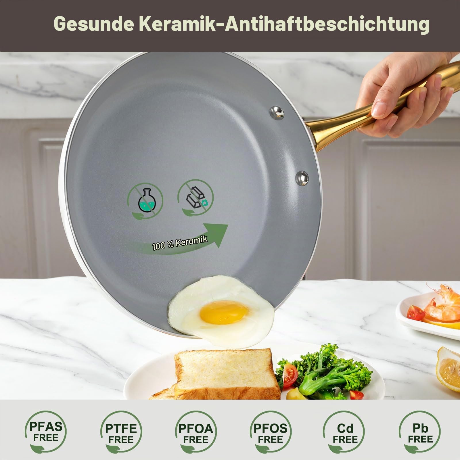 Keramik KochSet, gesund, Töpfe und Pfannen Set mit Deckel, antihaftbeschichtet(ohne PFAS, PFOA),Küchen，Induktions，Backofenfest，Geschirrspüler，Beige/Weiß Gold (Creme, Grau, Gold)