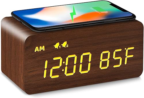 MOSITO - Reloj despertador digital de madera con función de carga inalámbrica, luz atenuable de 0 a 100, opción de dos alarmas a horas distintas