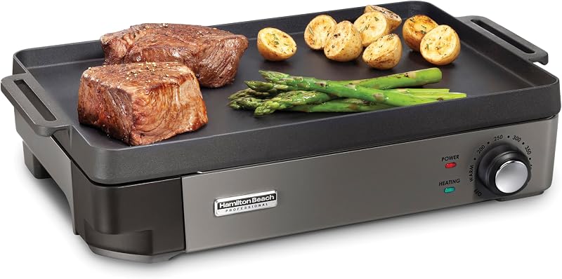 Plancha eléctrica de hierro fundido y parrilla interior | Superficie de cocción presazonada duradera de 10" x 16" | Temperatura ajustable hasta 450° F | Negro | 38560
