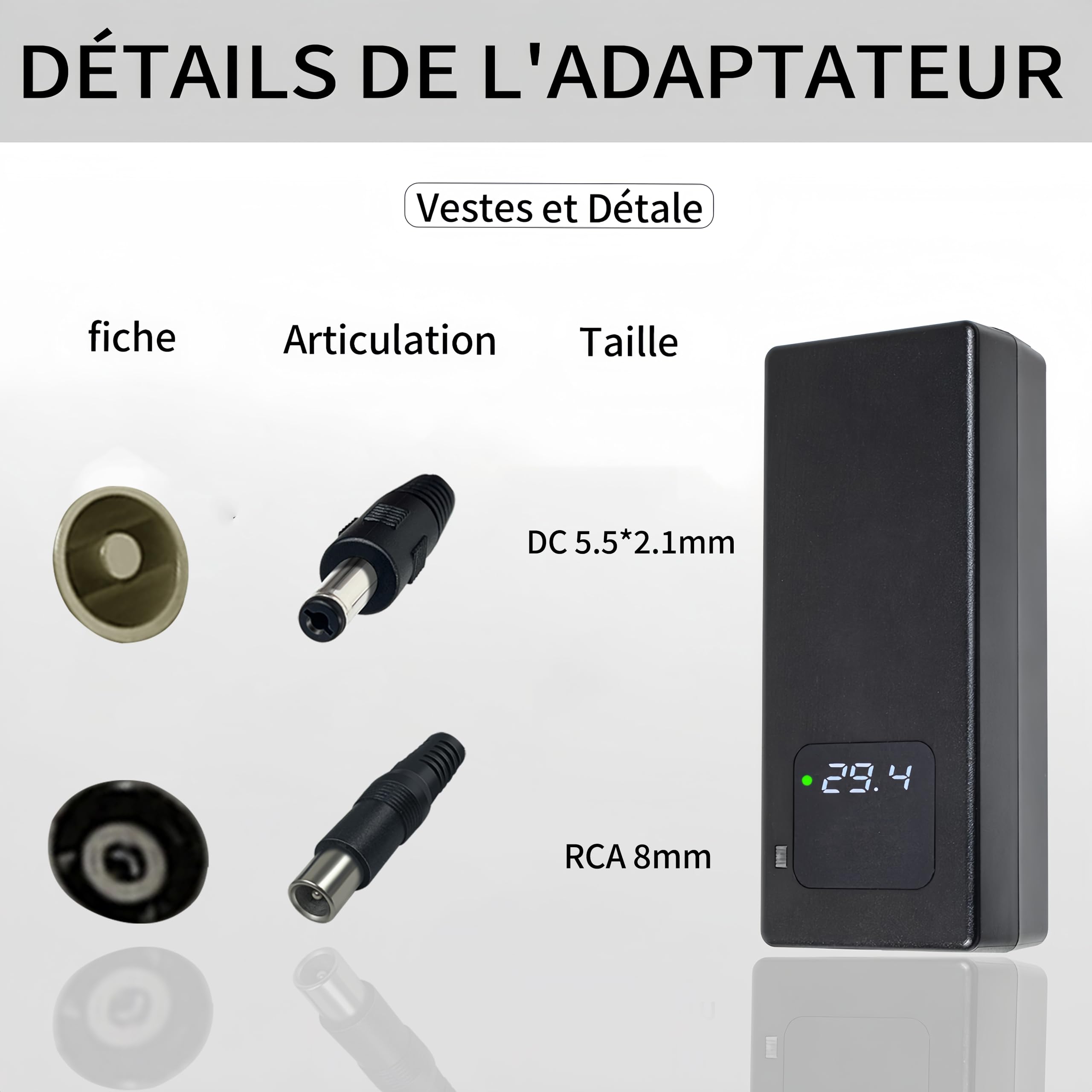 Cargador de batería de 29,4 V, 4 A, para batería de litio de 24 V, con pantalla LED y múltiples funciones de protección y reparación, equipado con conectores RCA de 8 mm, CC 5,5 x 2,1 mm