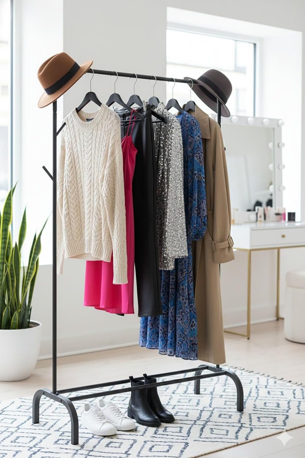 Metal Clothes Rack Stand with Bottom Storage Shoe Shelf & Side Hooks Hanger for Bedroom, Hallway & Balcony Portable Wardrobe Organizer (SINGLE ROD, BLACK)