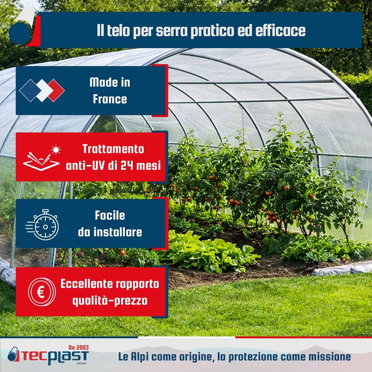 Telo Serra 6x14 m - TECPLAST 200SE - Film per serra - Telo di Ricambio Trasparente - Alte prestazioni - Prodotto in Francia