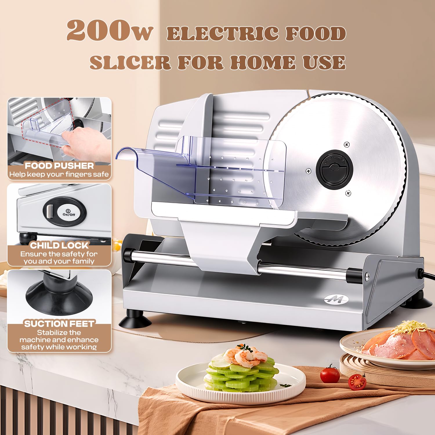 Moongiantgo Trancheuse Électrique à Jambon 200W Lame Acier Inox 19cm Réglage 0-15mm