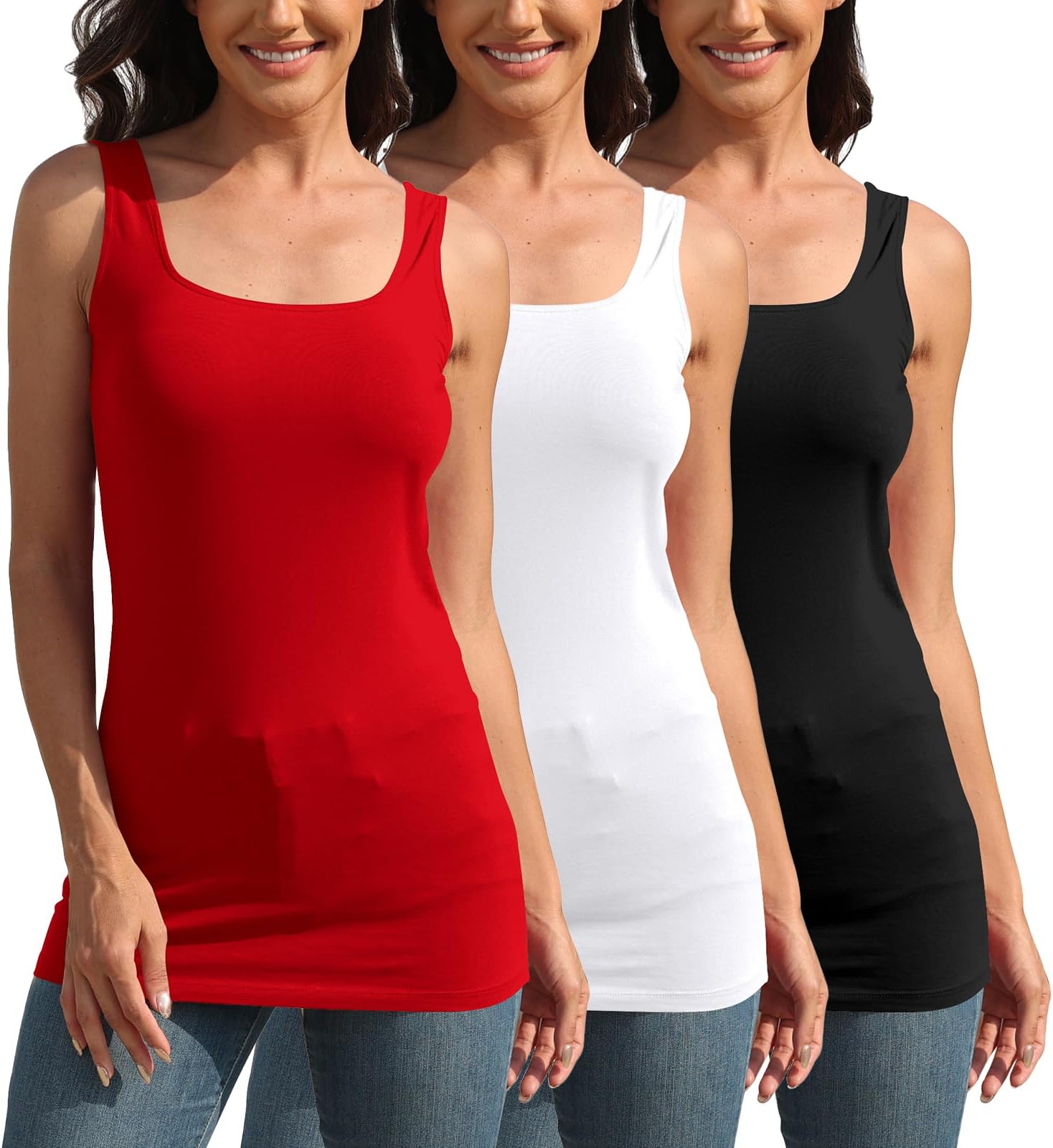 Square Neck Long Tank Tops for Women Basic Sleeveless Layering Tunic Shirt Ladies Cotton Camis Undershirts 3-Pack