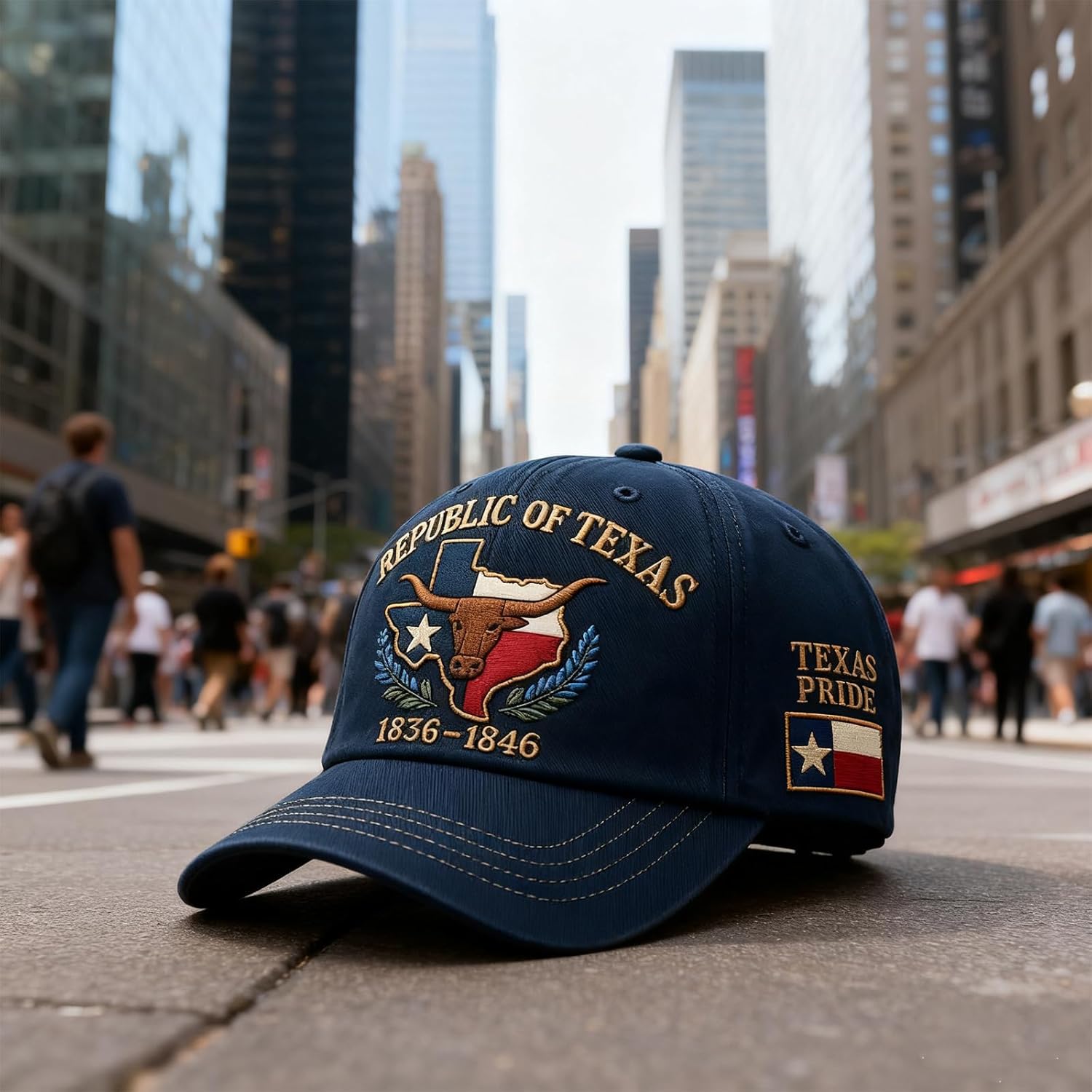 Republic of Texas Commemorative Hat – Hand Embroidered Baseball Cap with Dome Top and Short Brim, Totem National Style Blue-Black - Image 2