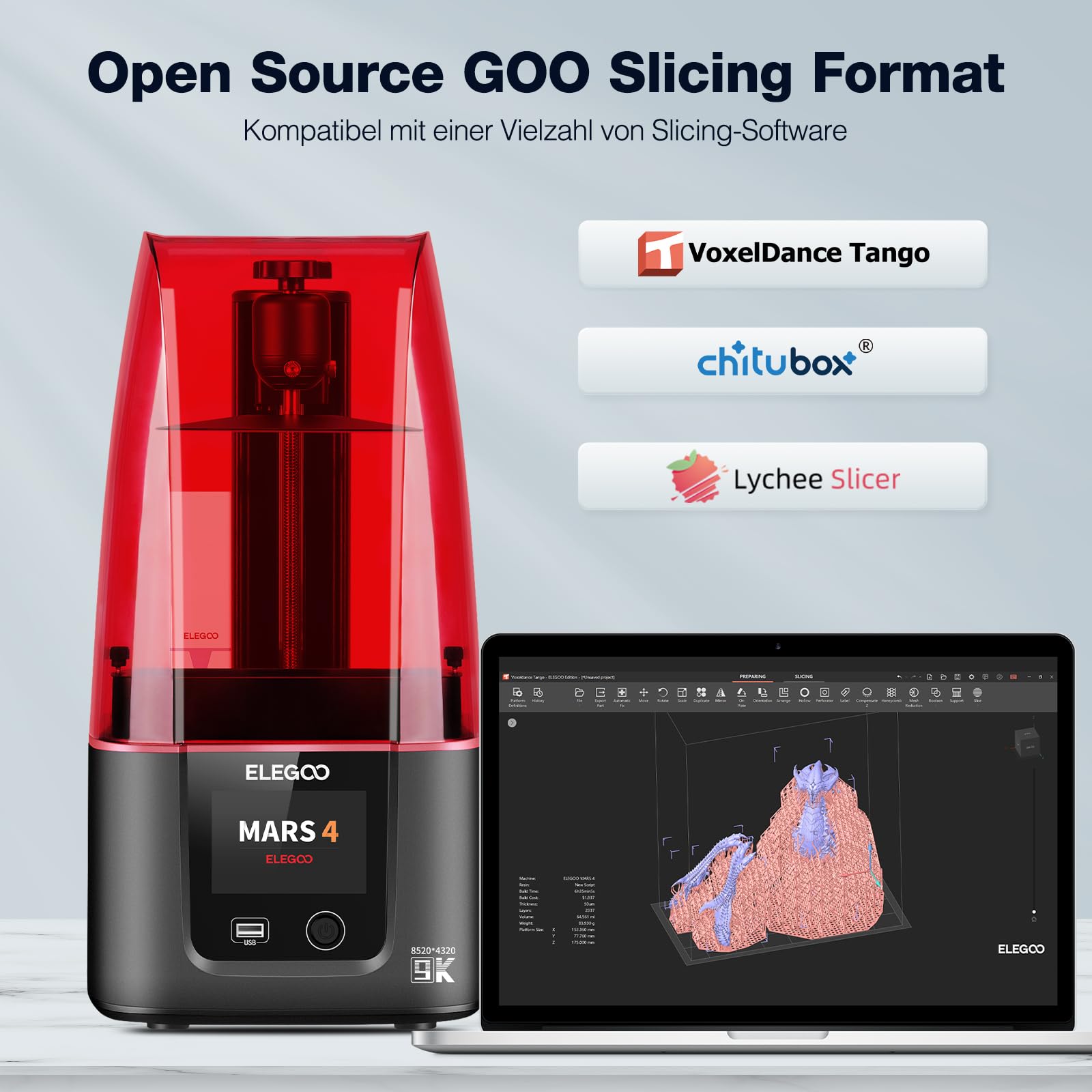 ELEGOO Mars 4 Imprimante 3D en résine avec purificateur d'air Ultra 9K monochrome LCD haute résolution et grand volume d'impression, grande taille d'impression de 195,84 mm x 122,4 mm x 150 mm