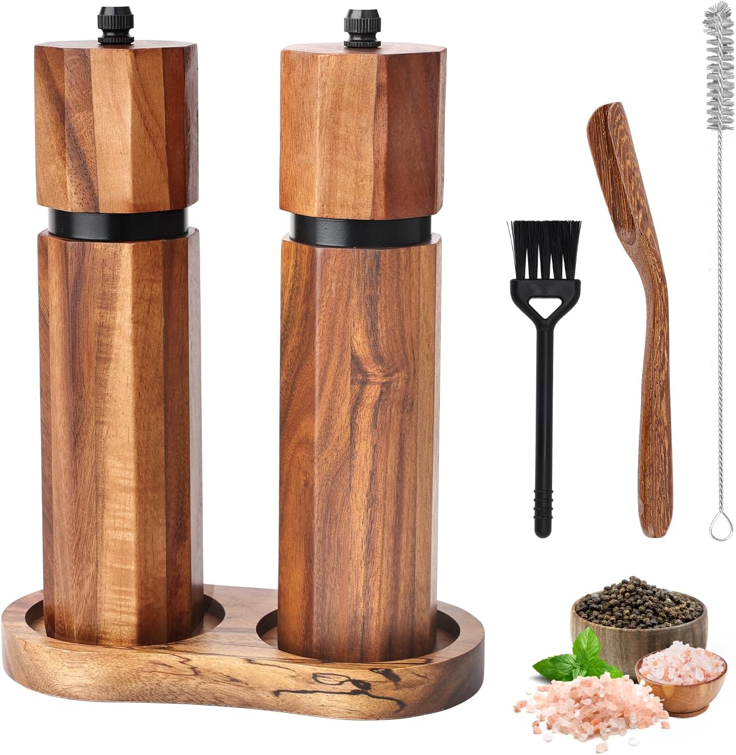 Wooden Salt and Pepper Grinder Set with Wooden Tray and Spoon, 8 Inch Manual Salt and Pepper Mill, Adjustable Coarseness, Refillable Pepper Grinder with Ceramic Core for Kitchen, Octagonal
