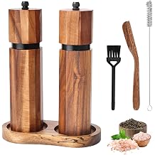 Wooden Salt and Pepper Grinder Set with Wooden Tray and Spoon, 8 Inch Manual Salt and Pepper Mill, Adjustable Coarseness, Refillable Pepper Grinder with Ceramic Core for Kitchen, Octagonal
