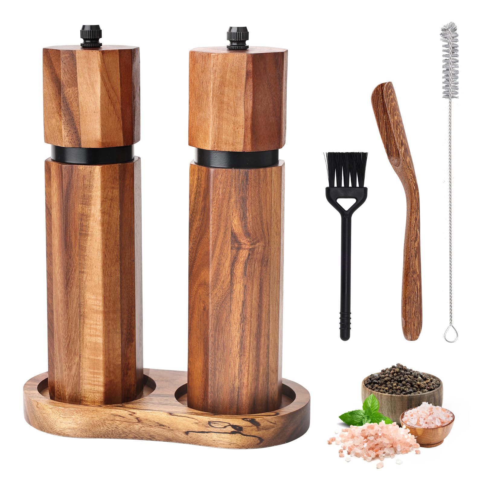 Foyucool Wooden Salt and Pepper Grinder Set with Wooden Tray and Spoon
