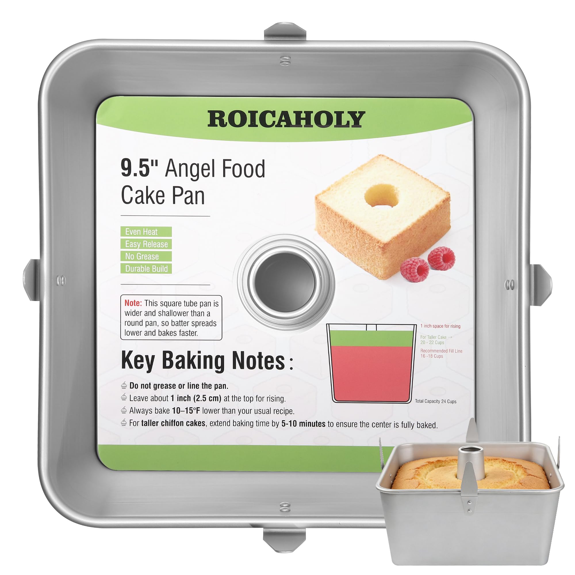 Roicaholy Quadratische Engel-Kuchenform mit abnehmbarem Boden, 24,1 cm Aluminium-Legierung mit Kühlfüßen, Kapazität für 24 Tassen für Chiffon- und Biskuitkuchen