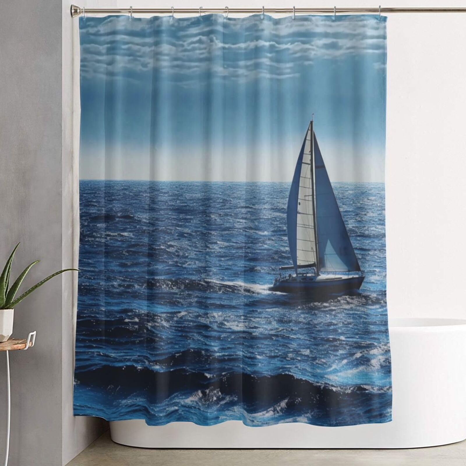 Rideau de douche imperméable voilier bleu avec 12 crochets pour douche