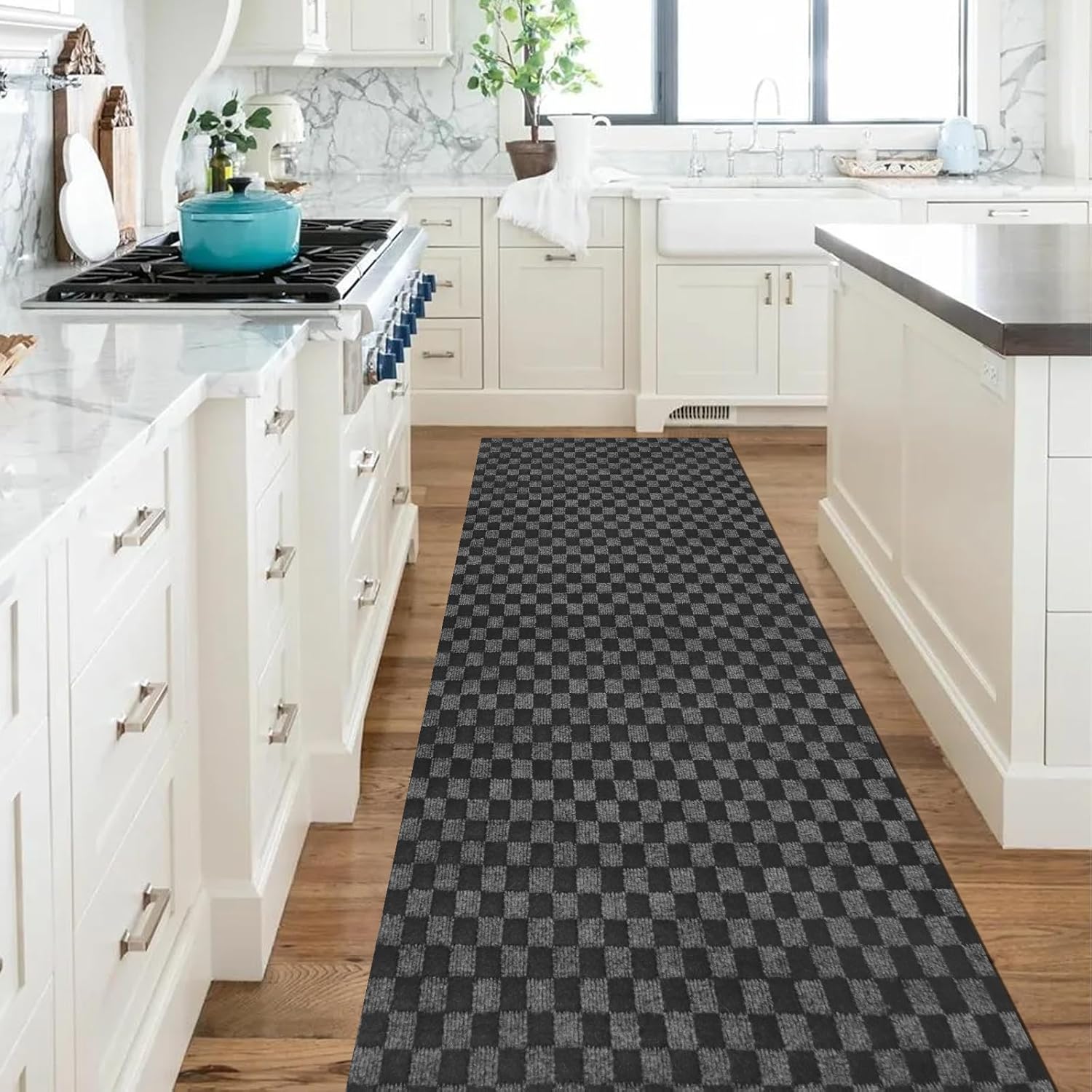 Runner Rug 4 ft x 12 ft, Outdoor/Indoor Rug with Rubber Backing Non Slip for Hallway, Kitchen, Patio, Laundry, RV, Entryway, Garage, Bathroom, Area Rug Carpet, Black Check, Customizable
