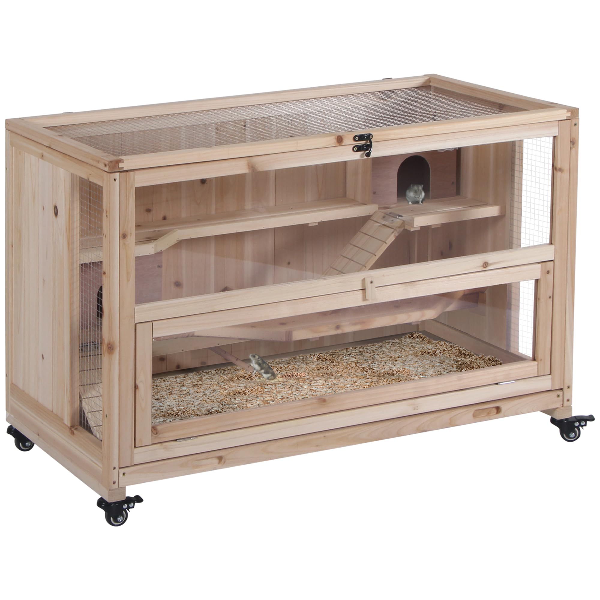 PAWHUT 3-Tier Wooden Hamster Cage, Roden Small Animals Hutch, Ladders in Brown