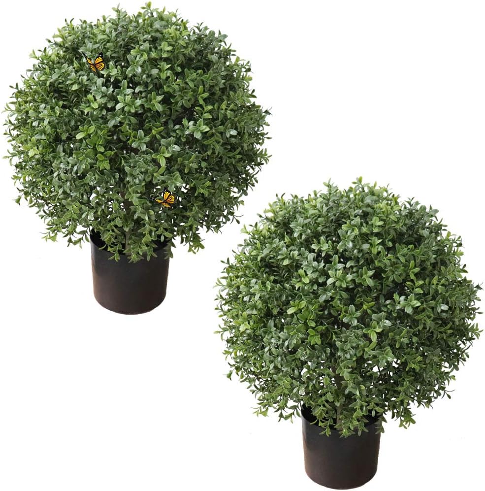 ALL SEASON GREEN 24''T Boxwood Bushes Artificial Topiary Trees Outdoor 19''Round with Butterfly (2Pack)