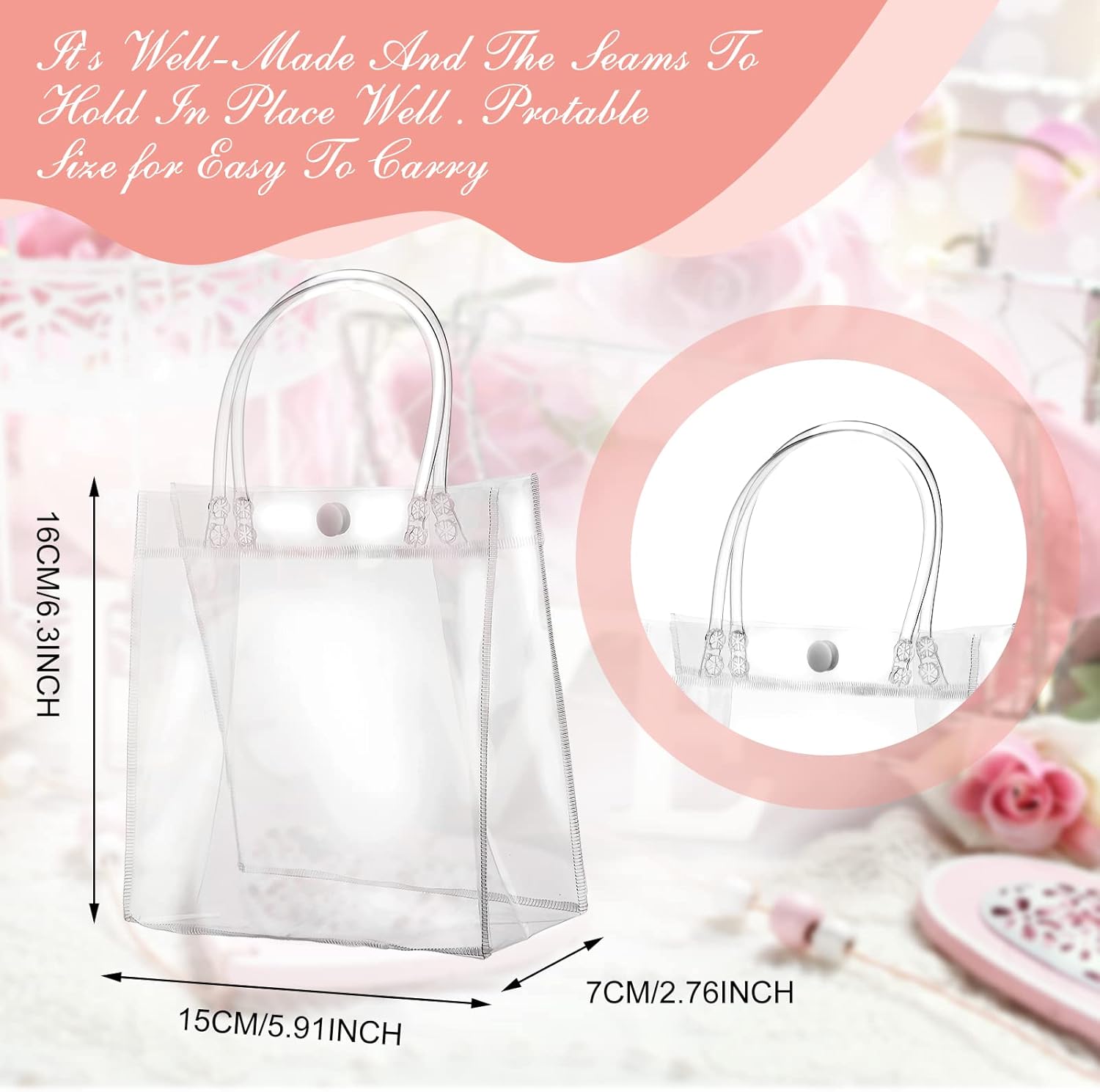Saintrygo 50 Pcs Clear Gift Bags with Handles PVC Transparent Party Favour Plastic Gift Bags Bulk for Gifts Wedding Birthday New Year Mother's Day Party Favor(5.9 x 6.3 x 2.8 Inches) - Image 5