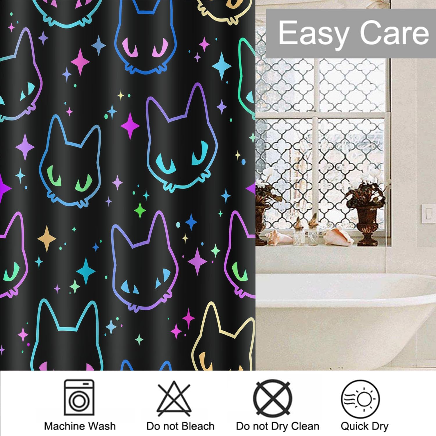 Moslion Colorful Neon Cat Heads Shower Curtains Bathroom Curtain Waterproof with Hooks 72x72 Inch for Men Women Boys Girls