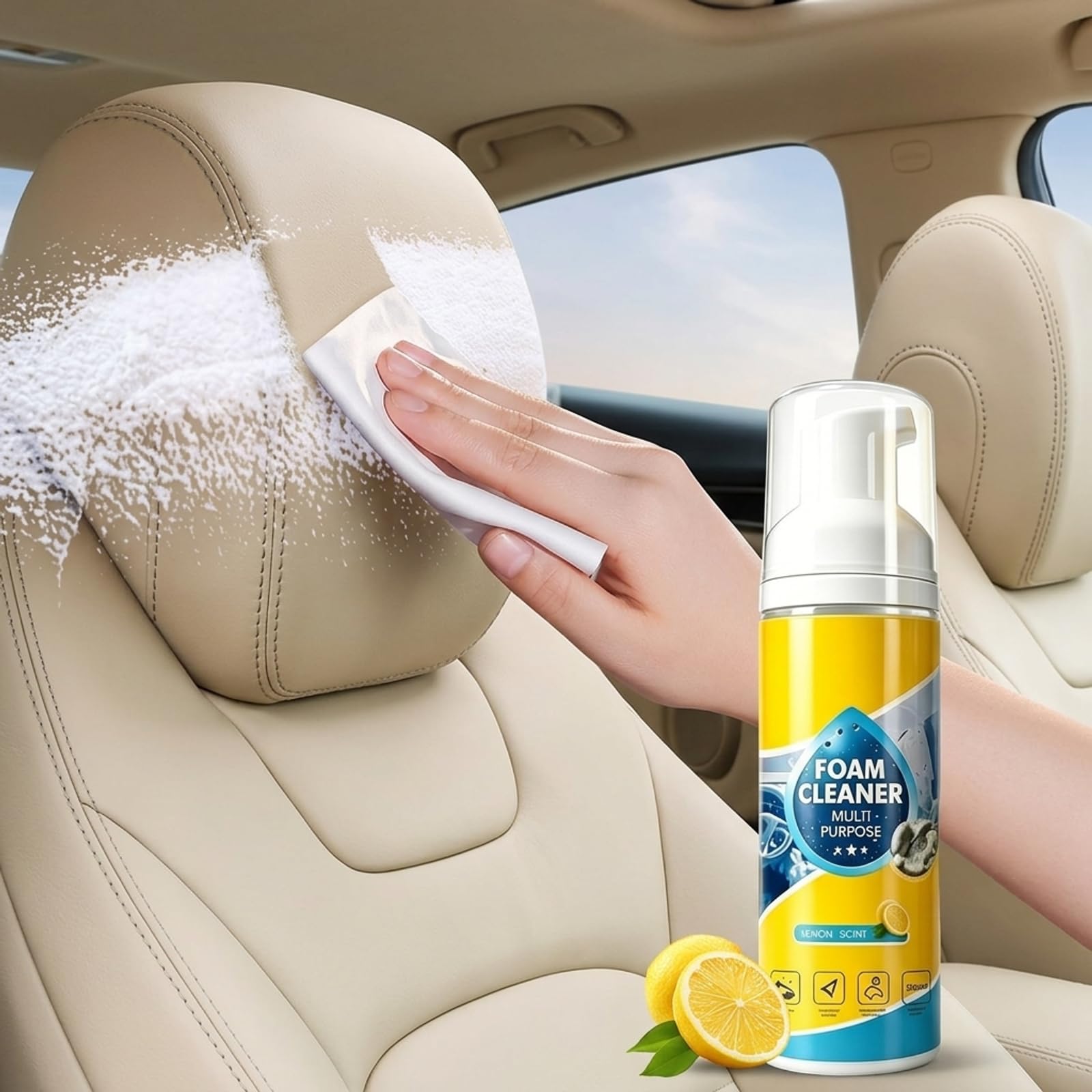 Detergente in schiuma multi-enzimi 4 in 1, con spugna e asciugamano e crema detergente per pneumatici, detergente in schiuma per interni dell'auto, pulizia igienica in auto e casa (2 set)