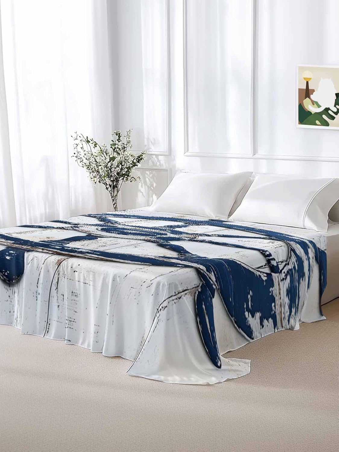 Top Sheet Full Bedding Flat Sheet Only, Summer Nautical Blue Sailing Rudder Microfiber Bed Sheets Soft Breathable Bedding Flat Sheets, Vintage Wooden Board Hotel Luxury Top Sheets