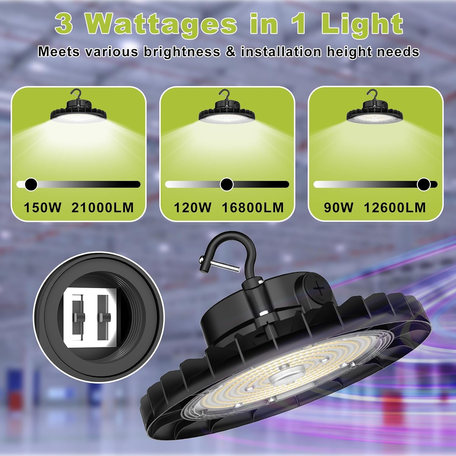 UFO LED High Bay Light 150W 8 Pack, High Bay LED Shop Lights 5000K, 3-in-1 Adjustable Wattage (150W/120W/90W), Up to 21000LM High Efficacy, IP65, Plug & Hook, 0-10V Dimmable for Warehouse Garage