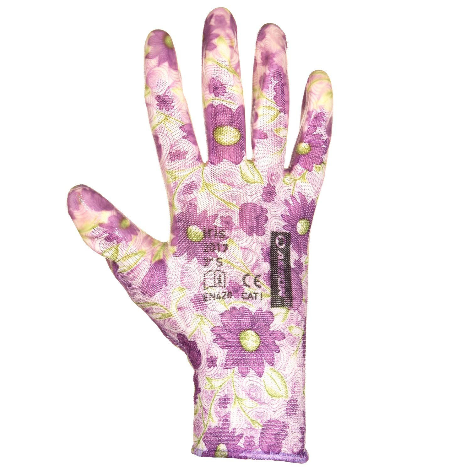 FLOWER Hermosos guantes de trabajo antideslizantes para mujeres, niñas, guantes de jardín, EN 420 Cat. I, guantes de montaje, Sin costuras, nitrilo (60 Pares, 7 S/M)