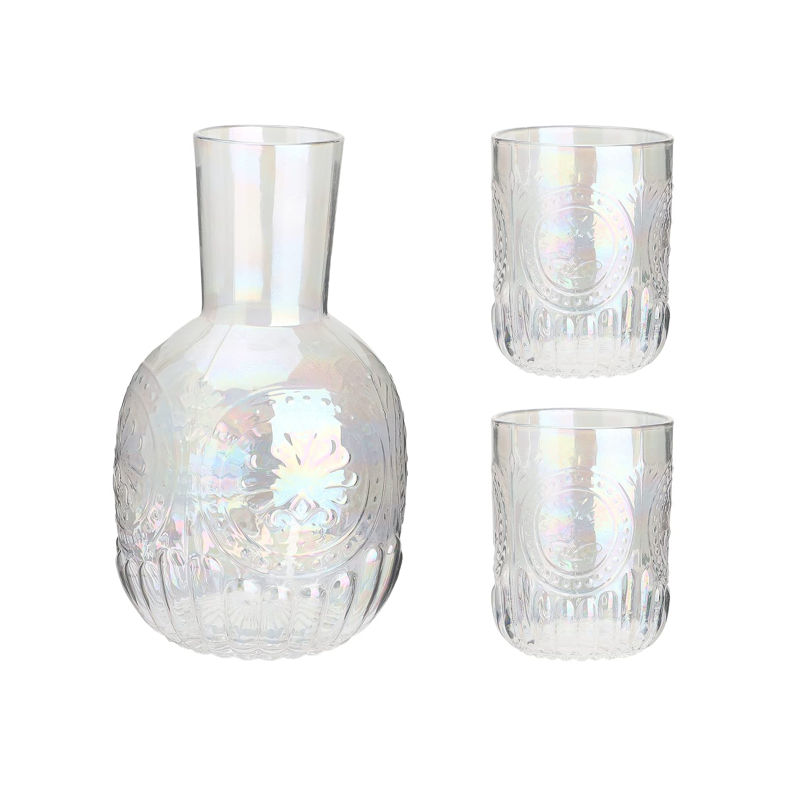 Szklany dzbanek na wodę, nocna karafka na wodę i zestaw szklanek, 1300 ml (45 uncji) szklana karafka na stolik nocny w stylu vintage z 2 kubkami, szklana butelka na sok do płukania ust (Color : Multi