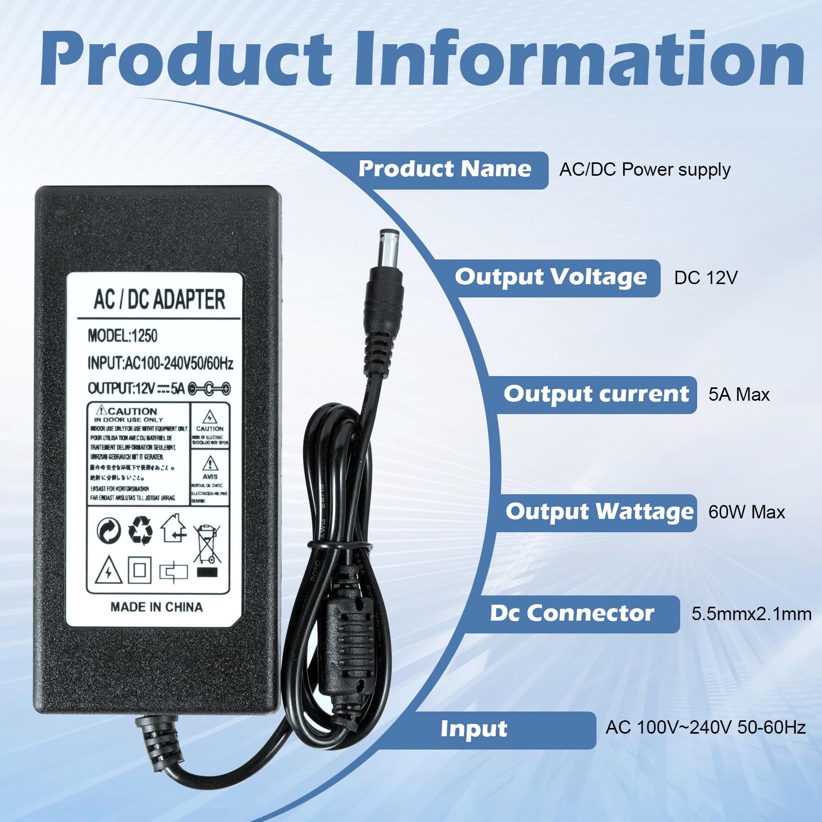 Adattatore di alimentazione per telecamera di sicurezza, 12 V, 5 A, con cavo splitter di alimentazione a 8 vie, convertitore CA/CC 100-240 V per sistema di sorveglianza CCTV DVR - Spina CC da 5,5 x