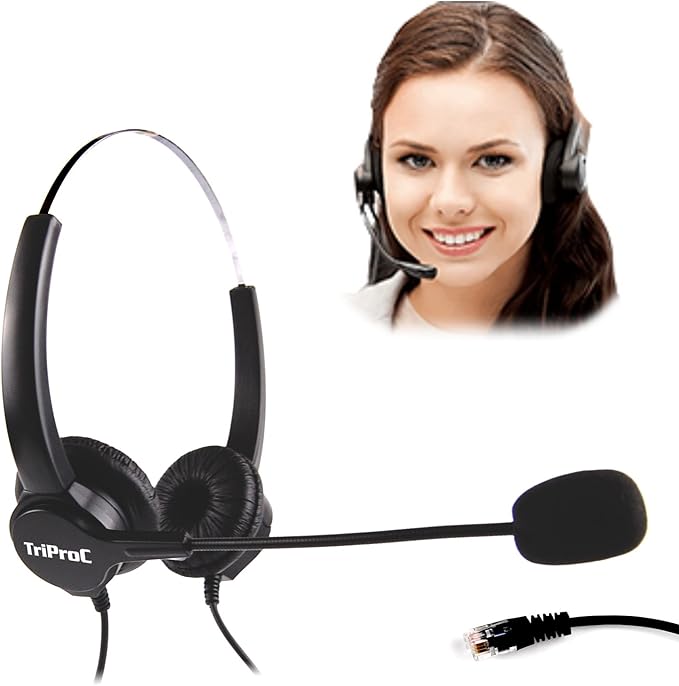 TRIPROC Binaural 4 Pin RJ9 Telephone Headset for Landline Phones