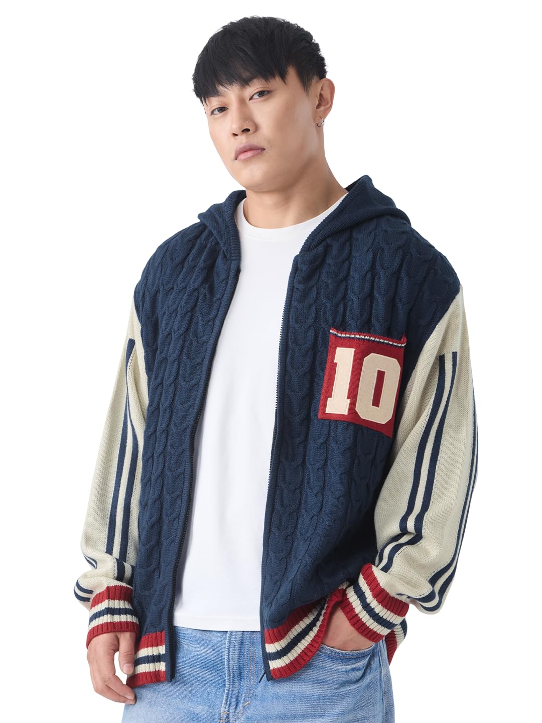 the souled store Vista Men and Boys Full Sleeves Hooded Neck Zipper Front Navy Blue Cable-Knit Embroidered Acrylic Lightweight Retro Oversized Pullovers-picture-28