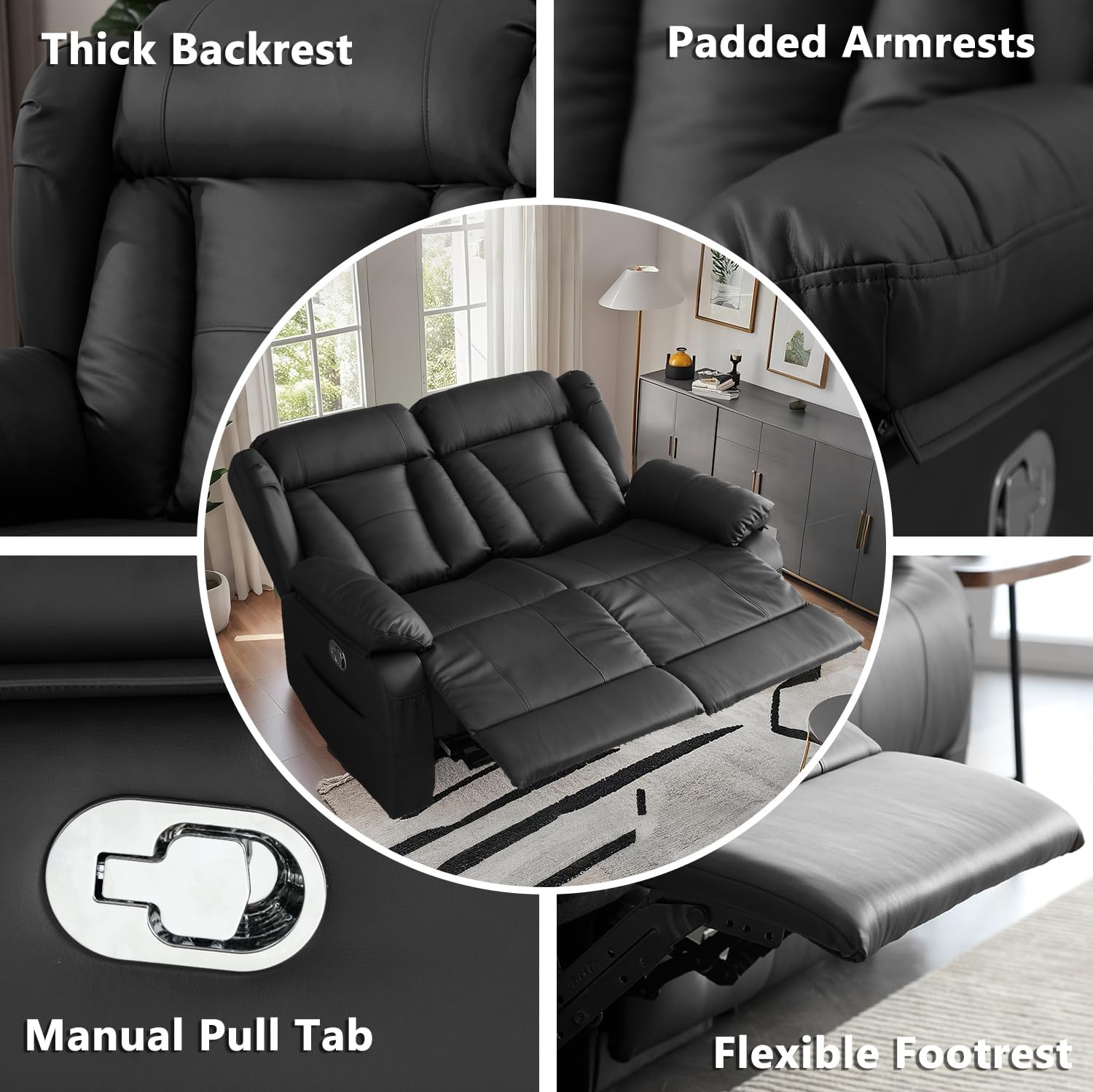 AHMED Loveseat Recliner Sofa, Manual Reclining Loveseat RV Couch with Cup Holders/Side Pocket/Removable Armrest for Living Room, Black