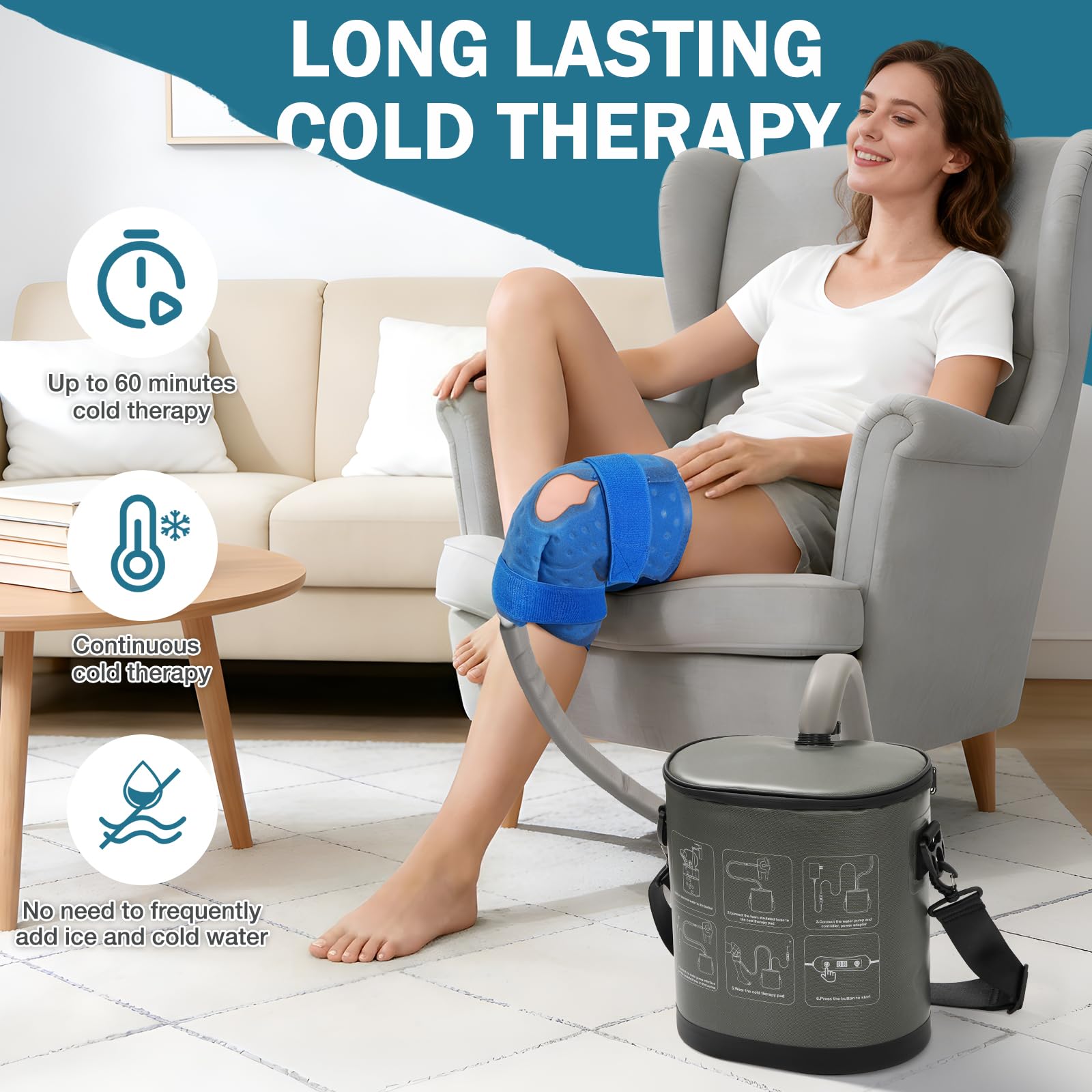 Veicomtech Máquina de terapia de frío para reemplazo de rodilla, máquina de hielo para rodilla después de la cirugía, máquina de terapia de frío para aliviar el dolor, máquina de hielo portátil de