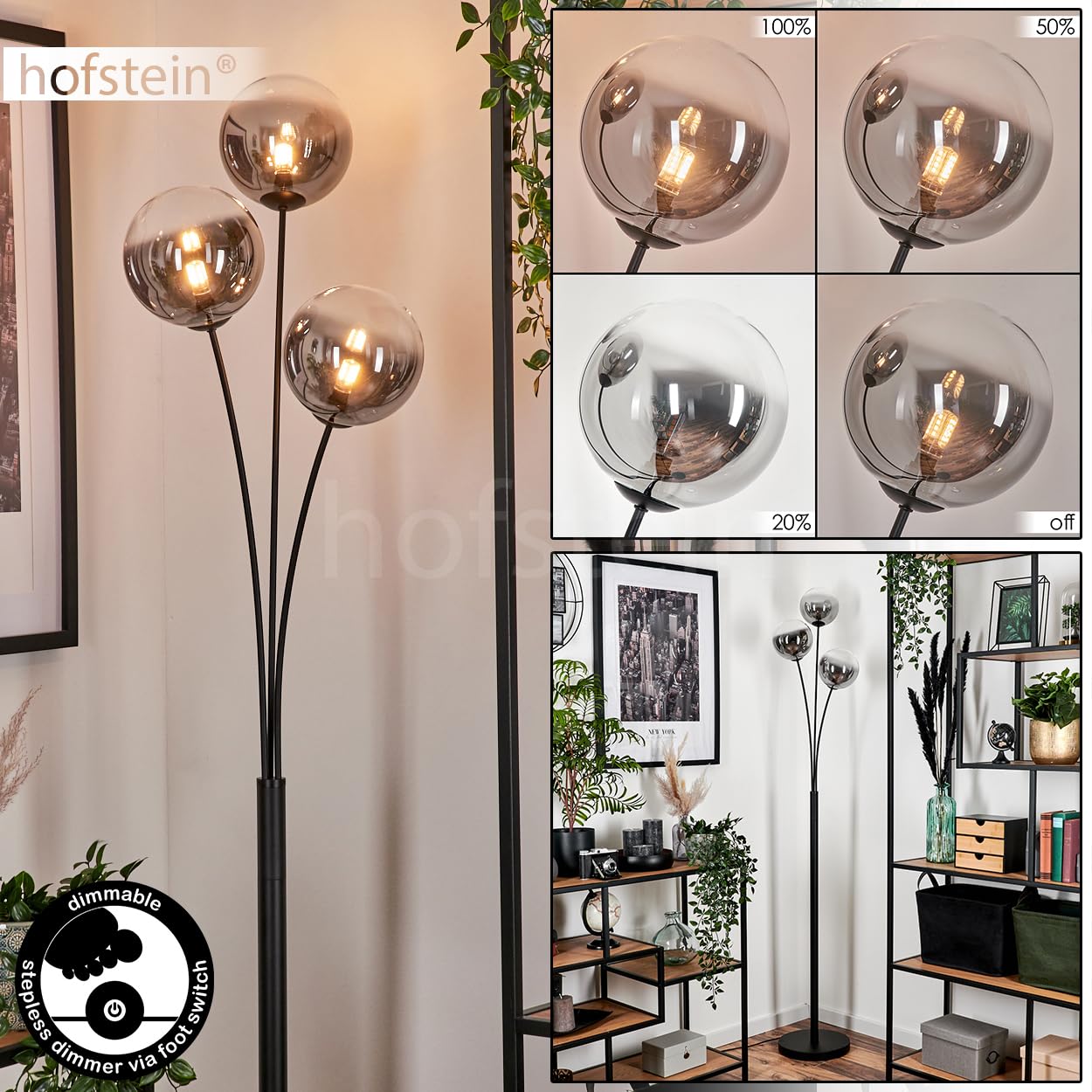 Stehleuchte Bernado, Stehlampe aus Metall/Glas in Schwarz/Rauchfarben/Klar, Leuchte im modernen Retro/Vintage-Design mit Schirmen aus Glas (Ø 15 cm), dimmbar über Fußschalter, 3x G9, ohne Leuchtmittel